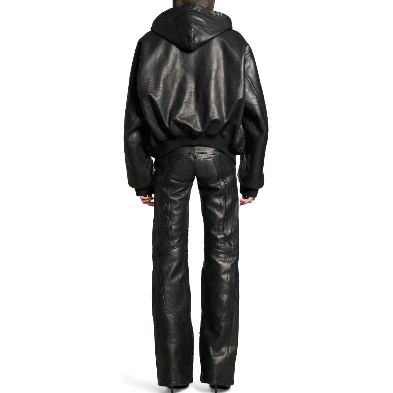 Purchase Balenciaga FW24 Black Leather Zip-Up Hoodie Jacket Unisex Loose Fit. 790311TQS141000