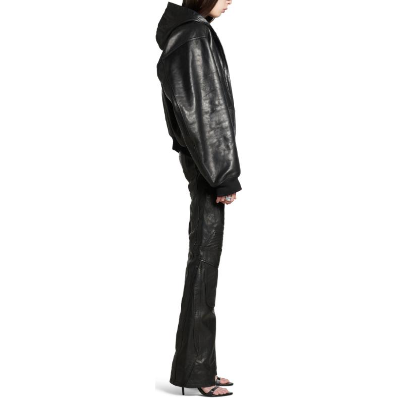 Details for Balenciaga FW24 Black Leather Zip-Up Hoodie Jacket Unisex Loose Fit. 790311TQS141000
