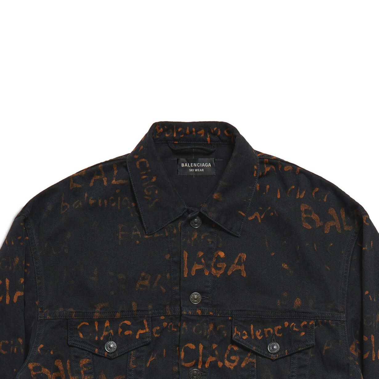 Shop Balenciaga FW24 Jaket Denim Oversized Unisex Cetakan Logo Hitam Bleachy. 799961TNW141700