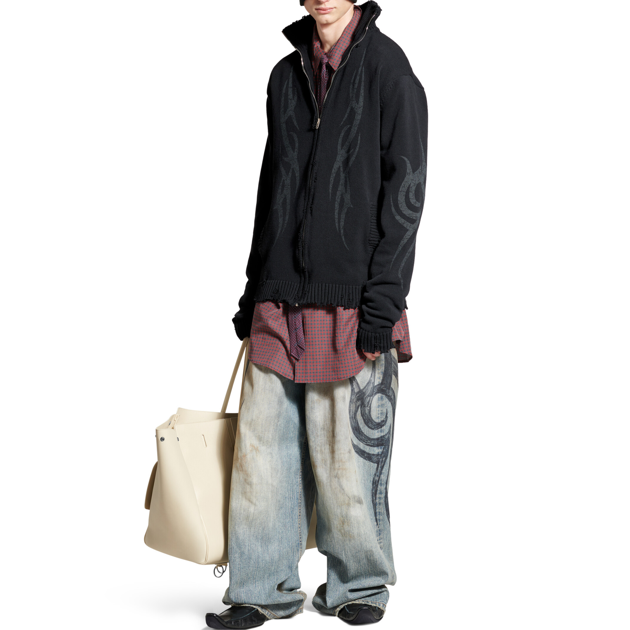 Balenciaga FW24 Distressed High-Neck Zipper Knit Sweater Regular Fit Black Men 808489T33361000 圖 4