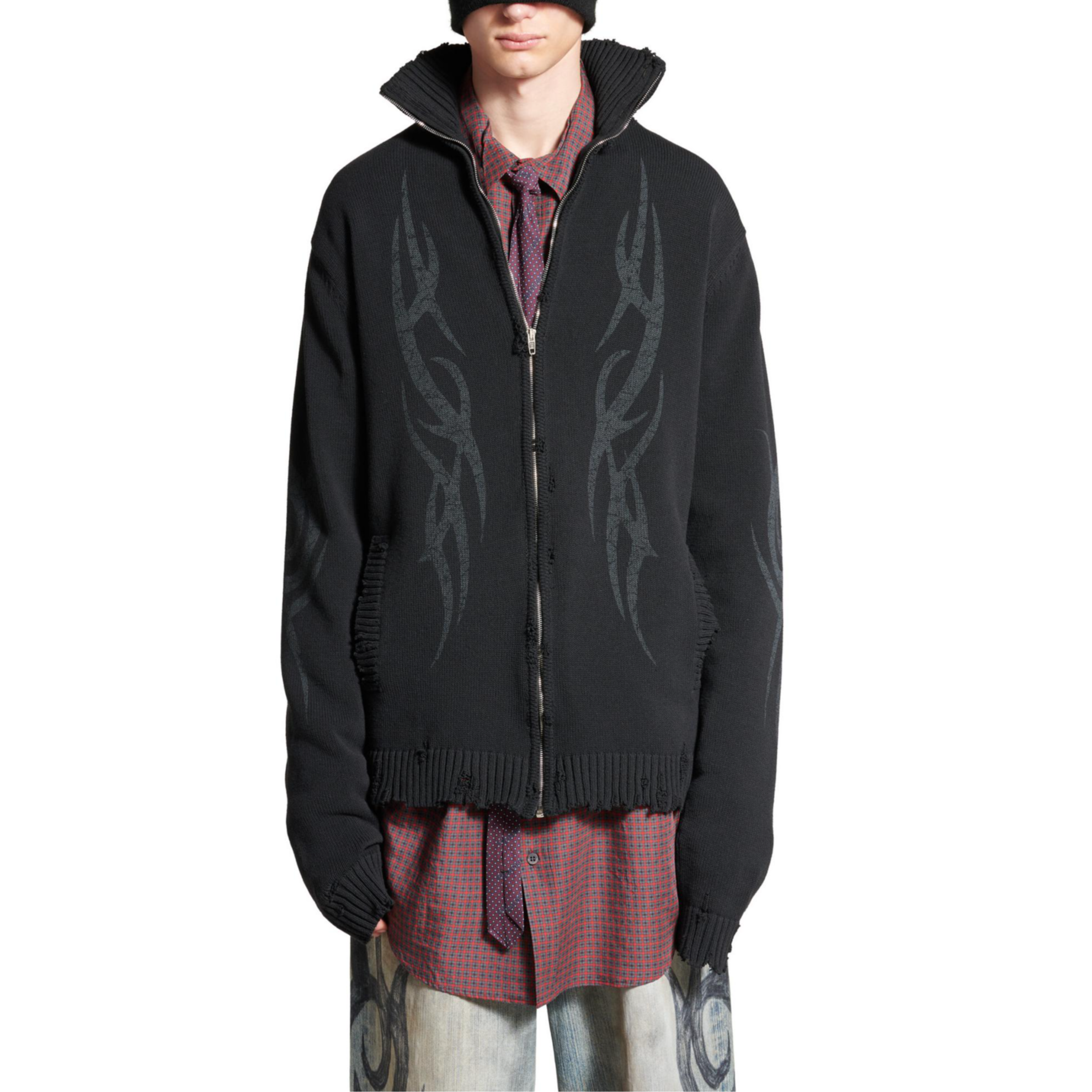 Balenciaga FW24 Distressed High-Neck Zipper Knit Sweater Regular Fit Black Men 808489T33361000 圖 7