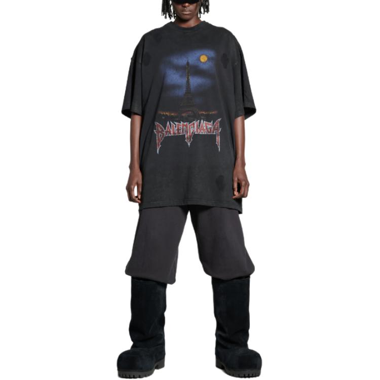 Details for 발렌시아가 FW24 레터 프린트 블랙 오버사이즈 유니섹스 캐주얼 티셔츠. 791615TQVY22020