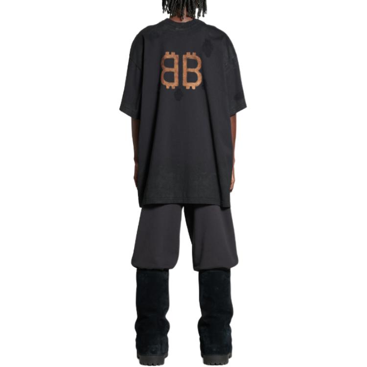 Sizing 발렌시아가 FW24 레터 프린트 블랙 오버사이즈 유니섹스 캐주얼 티셔츠. 791615TQVY22020