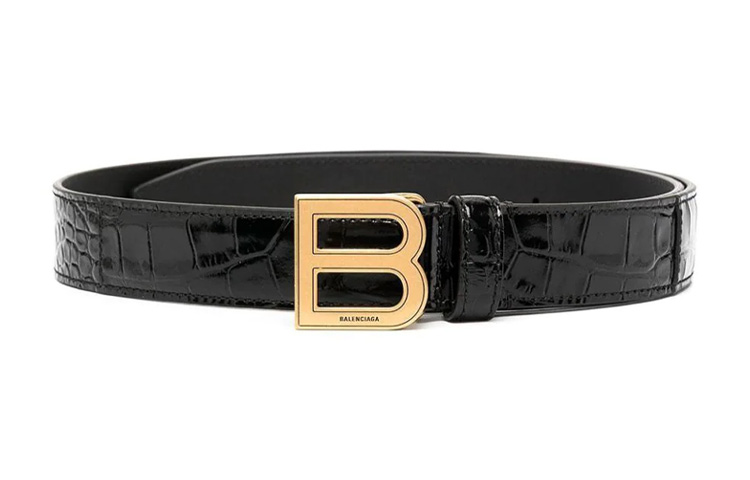 Balenciaga Gold B Black Croc Embossed Leather Belt 2.5cm Width. 6408281LR041000