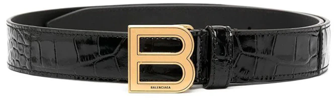 Order Cinturón Balenciaga Oro B en Cuero Negro con Grabado de Cocodrilo 2.5cm. 6408281LR041000