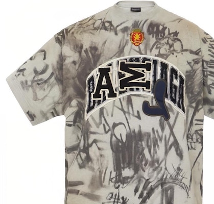 Balenciaga Graffiti Print Logo Patch Crewneck T-Shirt SS23 Grey Tee. 739028TOVA71300 Details for Balenciaga Graffiti Print Logo Patch Crewneck T-Shirt SS23 Grey Tee. 739028TOVA71300