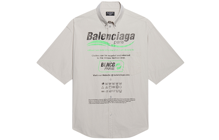 Balenciaga Grey Cotton Poplin Loose-Fit Logo Print Short Sleeve Shirt 664627TKM102967