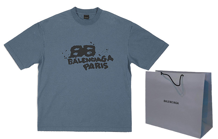 Shop Balenciaga 手繪BB標誌T恤 洗水藍/黑 SS23 休閒短袖。 612966TNVN44183