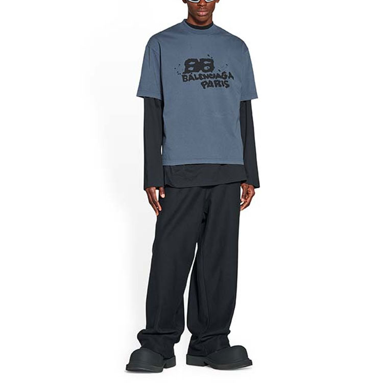 Purchase Balenciaga 手繪BB標誌T恤 洗水藍/黑 SS23 休閒短袖。 612966TNVN44183
