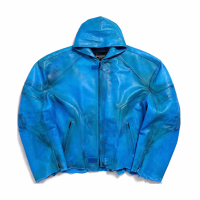 Balenciaga Hooded Biker Jacket Blue Loose Fit Zip Long Sleeve Outerwear 790201TQS164210