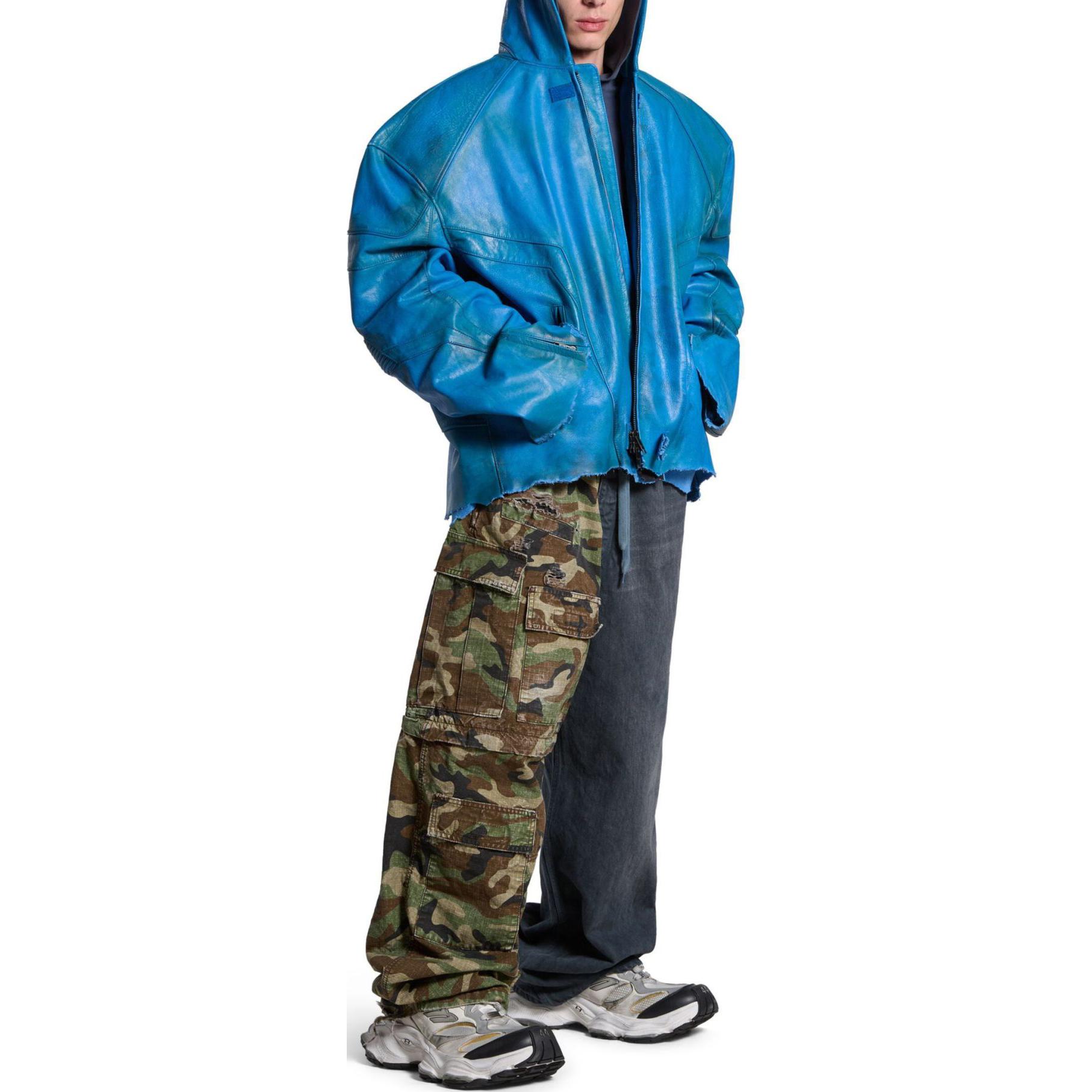 Shop 巴黎世家蓝色宽松连帽拉链长袖机车夹克外套 790201TQS164210