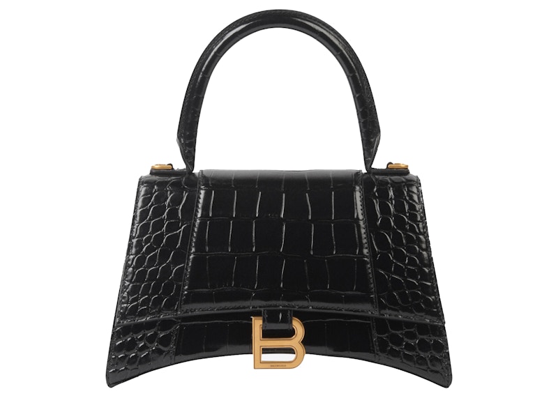 Balenciaga Hourglass Small Top Handle Bag Crocodile Embossed Black