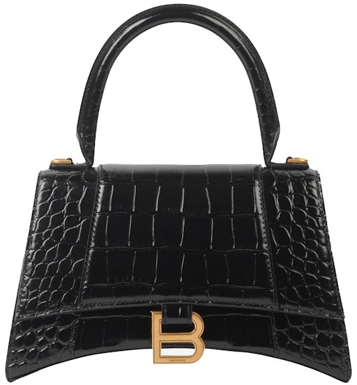 balenciaga-hourglass-small-top-handle-bag-crocodile-embossed-black