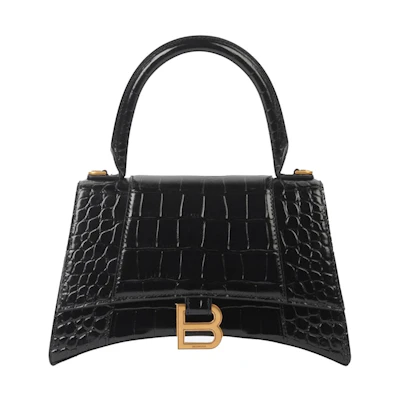 Balenciaga Hourglass Small Top Handle Bag Crocodile Embossed Black