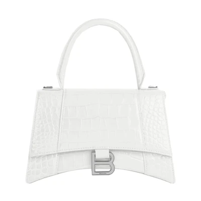 Balenciaga Hourglass Small Top Handle Bag Crocodile Embossed White