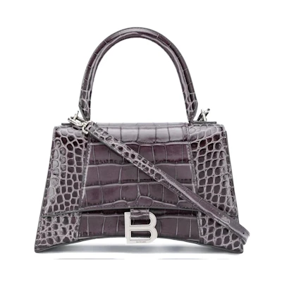 Balenciaga Hourglass Top Handle Bag Small Crocodile Embossed Grey
