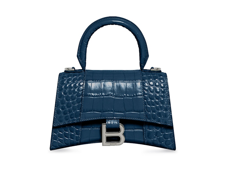 Balenciaga Hourglass Top Handle Small Crocodile Embossed Dark Blue