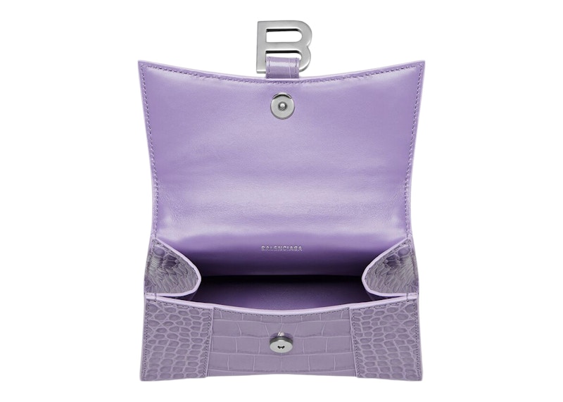 Lookbook Balenciaga Hourglass Top Handle XS Bertekstur Buaya Ungu Muda