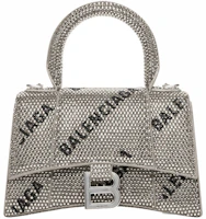 Balenciaga Hourglass XS Handbag With Chain and Allover Logo Rhinestones Black Balenciaga Hourglass XS Handbag With Chain and Allover Logo Rhinestones Black