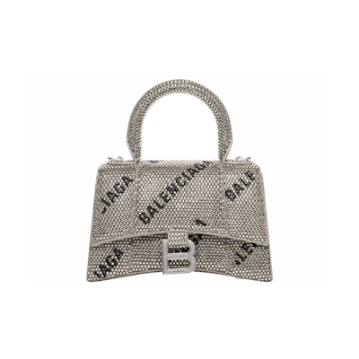 Balenciaga Hourglass XS Handbag With Chain and Allover Logo Rhinestones Black