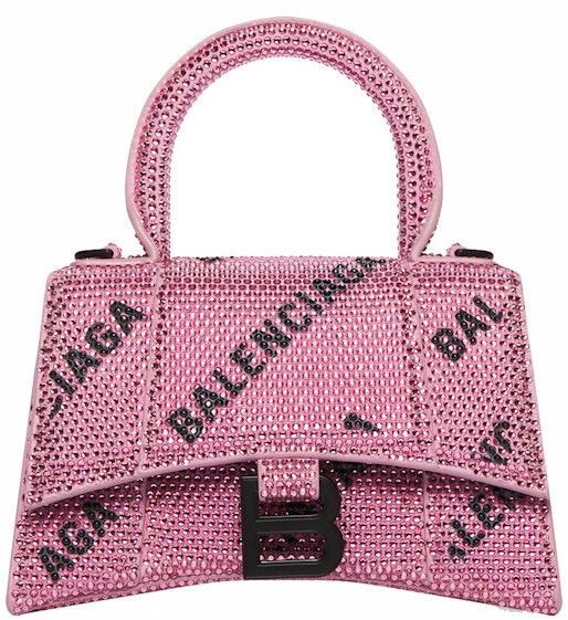balenciaga-hourglass-xs-handbag-with-chain-and-allover-logo-rhinestones-pink-black