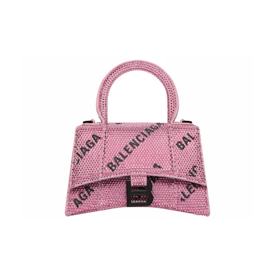 Balenciaga Hourglass XS Handbag With Chain and Allover Logo Rhinestones Pink/Black