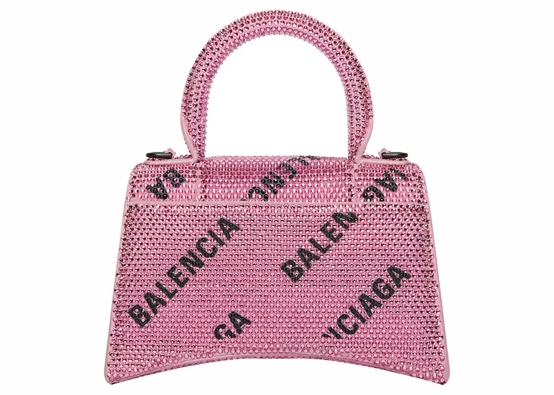 Order 巴黎世家Hourglass XS链条斜挎包满钻标志粉黑色