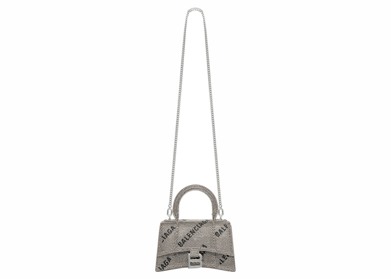 Balenciaga Hourglass XS Handbag With Chain and Allover Logo Rhinestones Black 圖 3