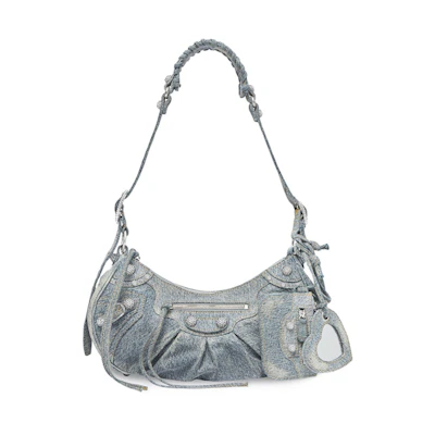 Balenciaga Le Cagole Shoulder Bag Small Blue Denim Wash with Rhinestones