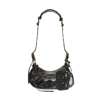 Balenciaga Le Cagole Shoulder Bag XS Crocodile Embossed Black