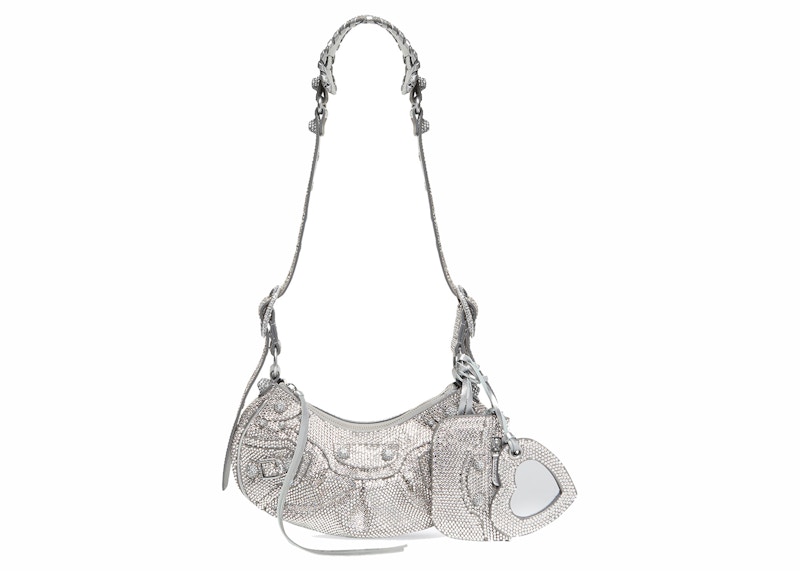 Balenciaga Le Cagole Shoulder Bag XS Grey Suede with Rhinestones