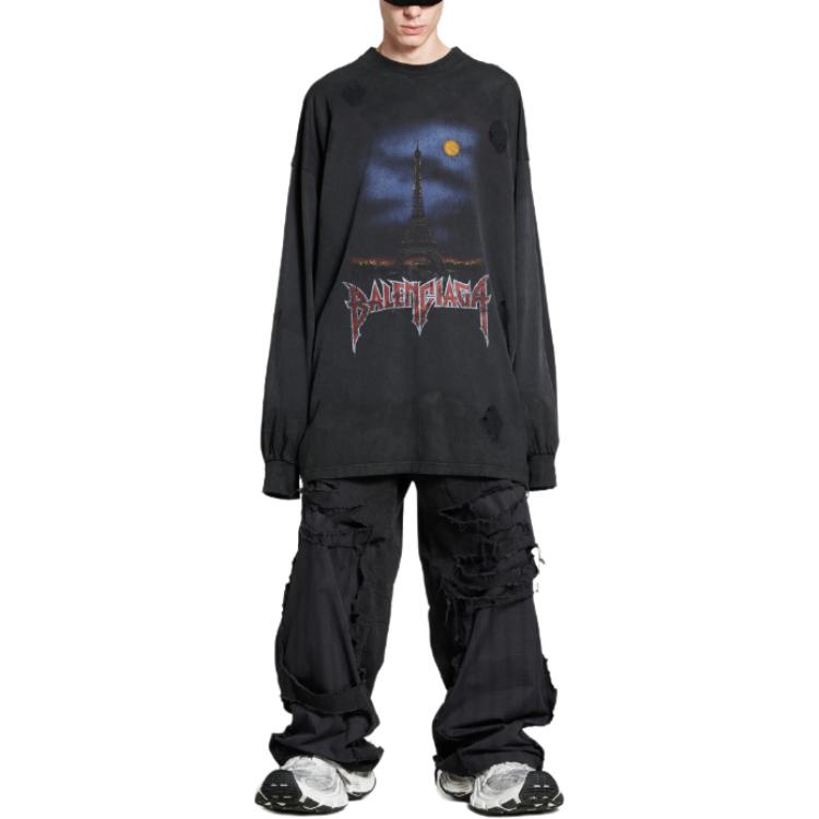 Shop Balenciaga 字母Logo印花寬鬆版長袖T恤 男女 黑色 791613TQVY22020