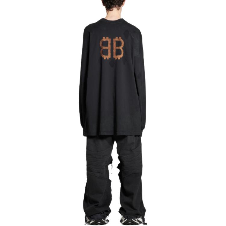 Sizing Balenciaga 字母Logo印花寬鬆版長袖T恤 男女 黑色 791613TQVY22020