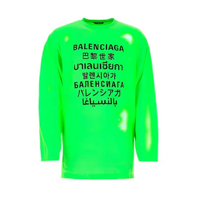 Balenciaga Letter Print Crewneck Long Sleeve Tee Men Fluorescent Green 641667TJVI34162