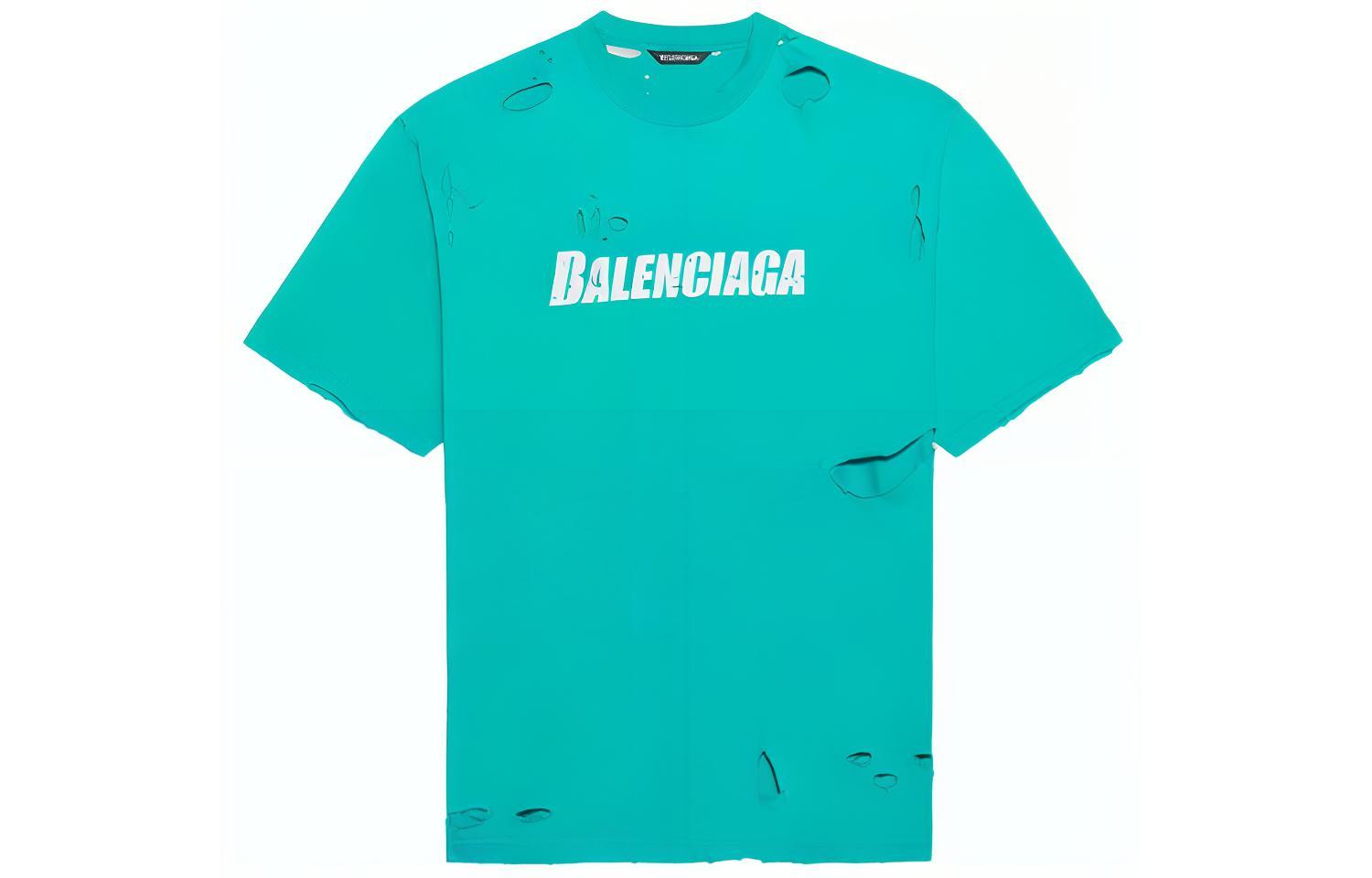 Balenciaga Letter Print Distressed Crewneck T-Shirt - Aqua Green 651795TKVB84661
