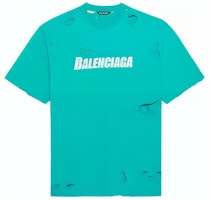 Balenciaga Letter Print Distressed Crewneck T-Shirt - Aqua Green 651795TKVB84661 Balenciaga Letter Print Distressed Crewneck T-Shirt - Aqua Green 651795TKVB84661