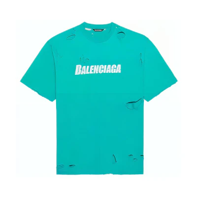 Balenciaga Letter Print Distressed Crewneck T-Shirt - Aqua Green 651795TKVB84661