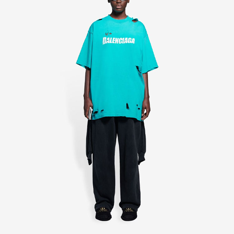 Shop Balenciaga Letter Print Distressed Crewneck T-Shirt - Aqua Green 651795TKVB84661