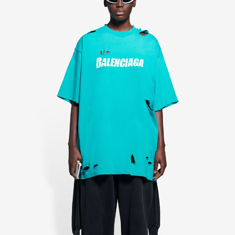 Purchase Balenciaga Letter Print Distressed Crewneck T-Shirt - Aqua Green 651795TKVB84661