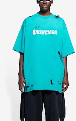 Balenciaga Letter Print Distressed Crewneck T-Shirt - Aqua Green 651795TKVB84661 Purchase Balenciaga Letter Print Distressed Crewneck T-Shirt - Aqua Green 651795TKVB84661