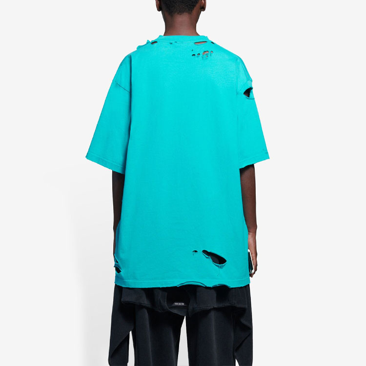 Details for Balenciaga Letter Print Distressed Crewneck T-Shirt - Aqua Green 651795TKVB84661