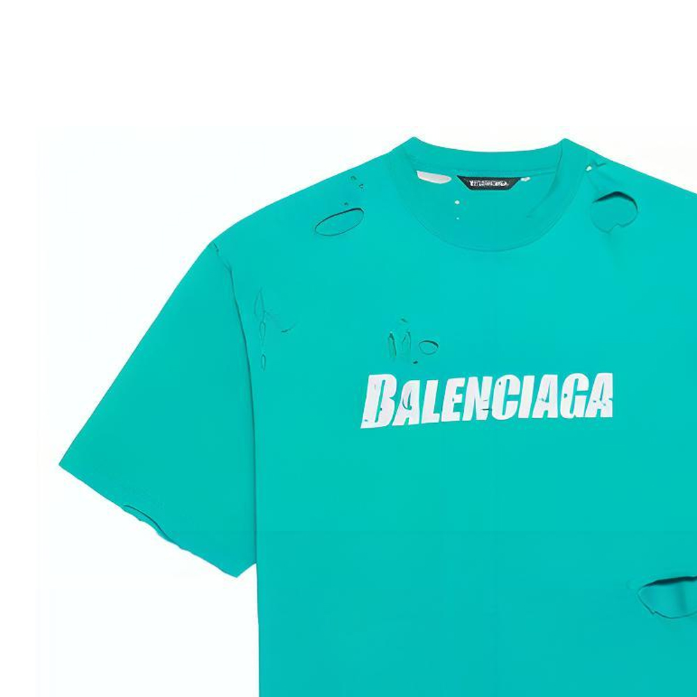 Cheap Balenciaga Letter Print Distressed Crewneck T-Shirt - Aqua Green 651795TKVB84661