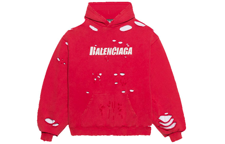 Balenciaga Letter Print Distressed Oversized Unisex Hoodie Red 659403TKVB66295