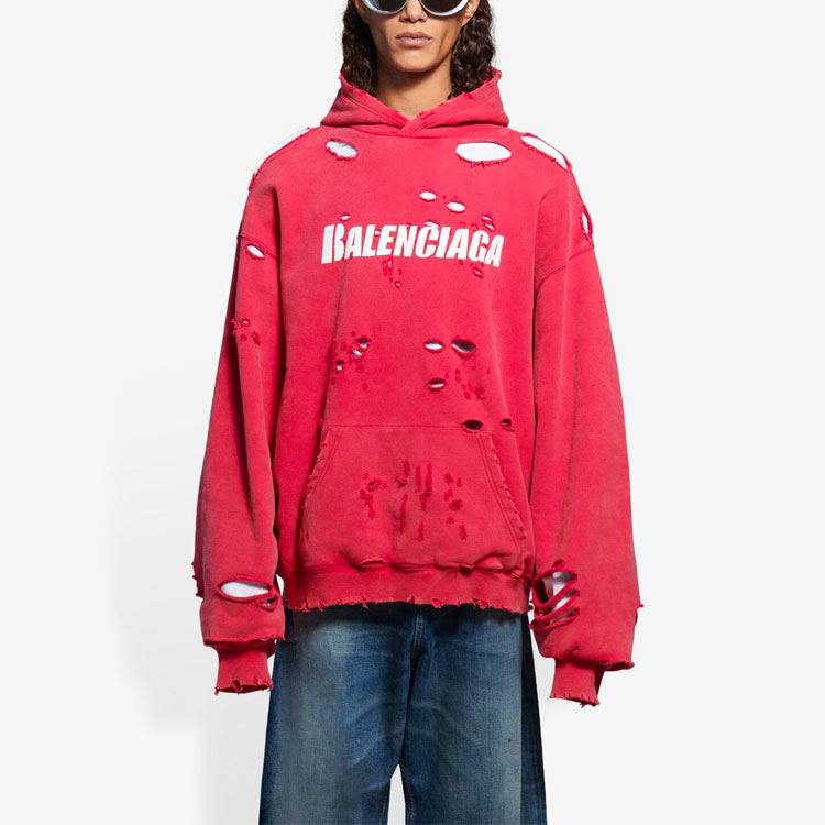 Purchase 巴黎世家字母印花破洞宽松男女连帽卫衣 红色 659403TKVB66295