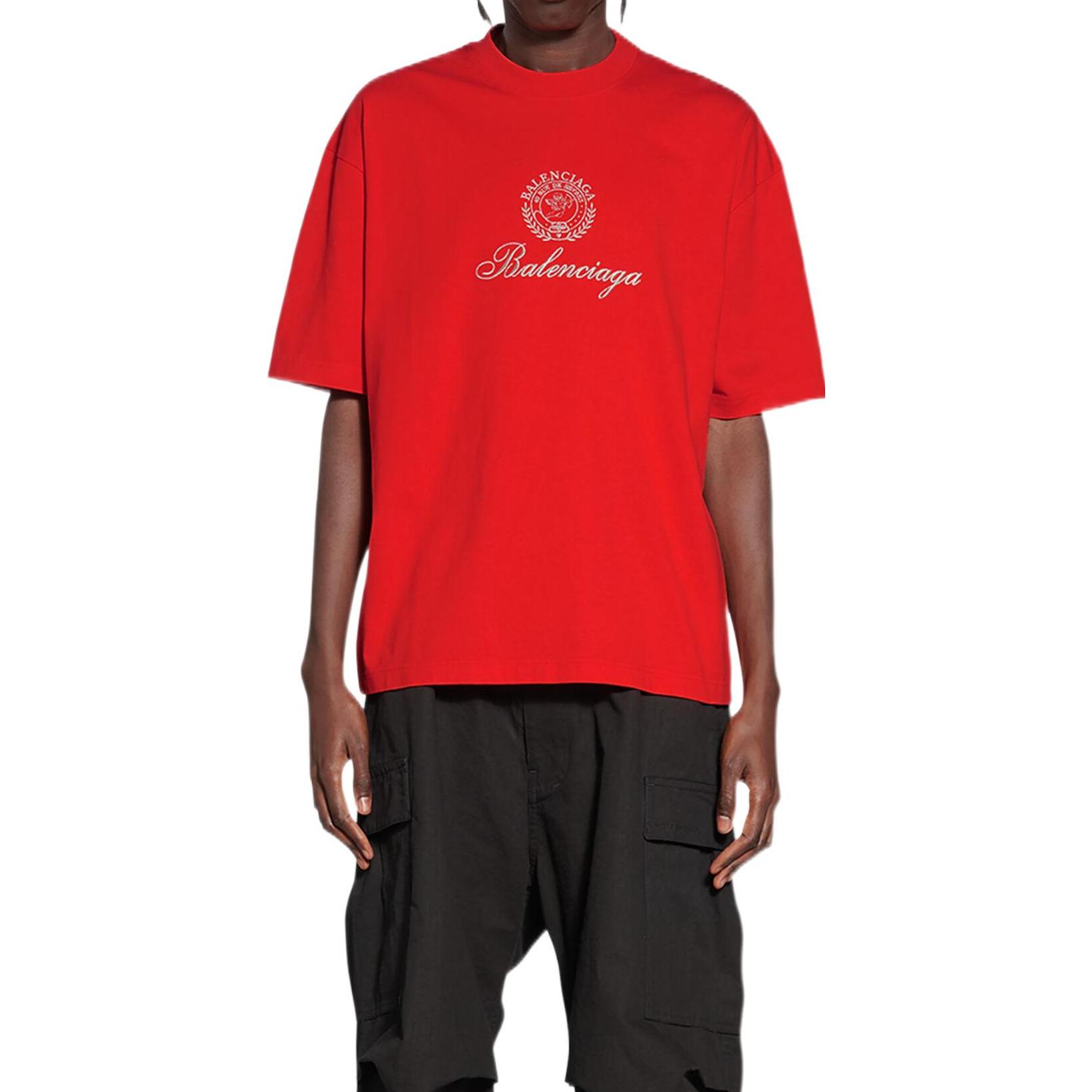 Lookbook Balenciaga Kaos Santai Logo Merah Oversized Lengan Pendek FW22. 612966TMVL46971