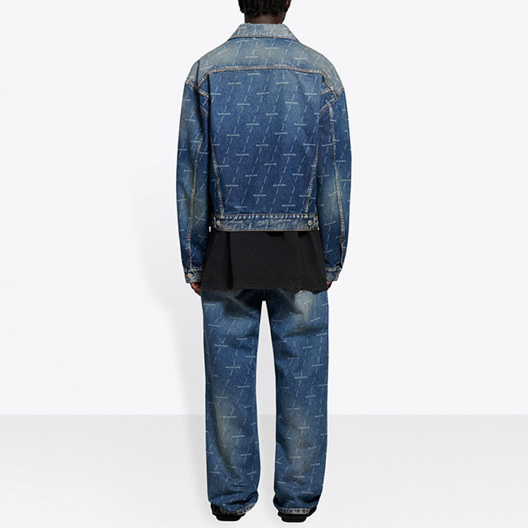 Shop Balenciaga Logo Denim Blue Single-Breasted Jacket 620731TJW532340