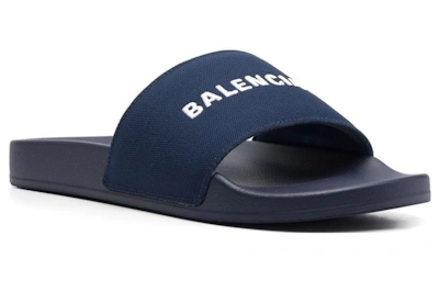 Balenciaga Logo Embroidered Pool Slides 'Navy'