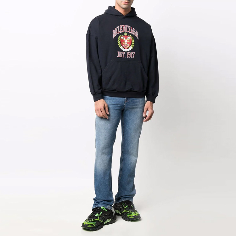 Shop Balenciaga Logo Hoodie Unisex Oversized Fit in Navy Blue. 675003TLV908067