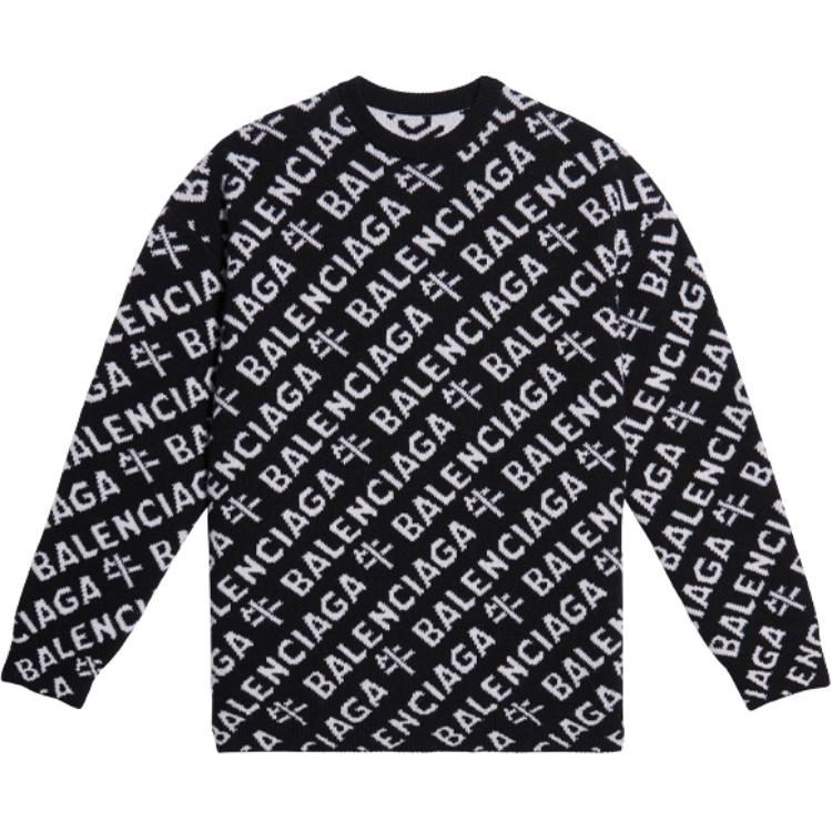 Balenciaga Logo Jacquard Wool Crewneck Pullover Sweater Unisex Black 648130T15991070
