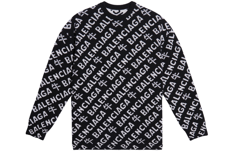 Balenciaga Logo Jacquard Wool Crewneck Pullover Sweater Unisex Black 648130T15991070 圖 2